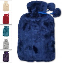 Life 1.8L Hot Water Bottle With Fur Cover And Pom Poms - Blue