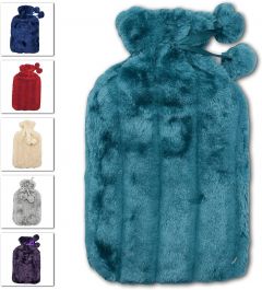 Life 1.8L Hot Water Bottle With Fur Cover And Pom Poms - Green